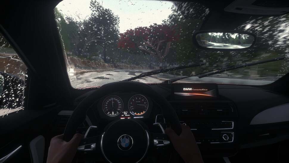 If you look along the left side of the windscreen you’ll note that the excess rain even produces a realistic misty column of water. On top of that, the game actually takes rain sensing wipers into account, altering the speed at which they function