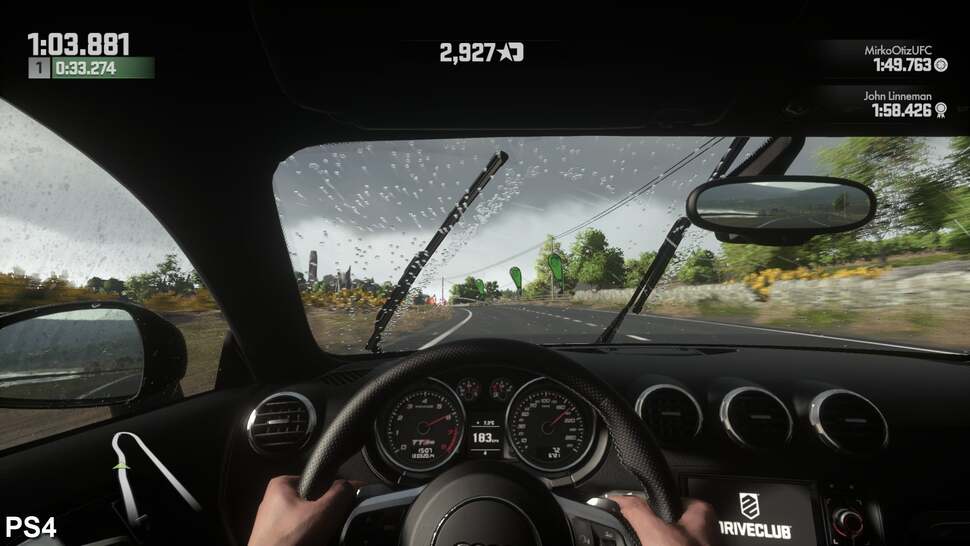 Taking the Audi TT RS for a spin in the rain highlights the difference in the way wipers interact with the rain. The effect is more complex and dynamic in DriveClub than it is in Forza Horizon 2