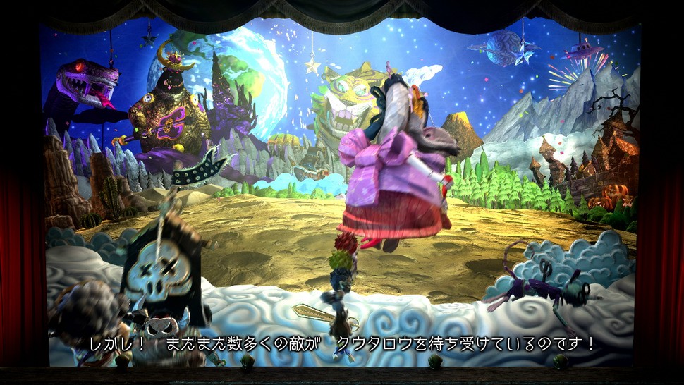 Characters passing quickly in front of the camera help illustrate the effectiveness of Puppeteer's object motion blur. This scene also demonstrates the game engines ability to rapidly swap a large number of actors, such as the games bosses, into the scene