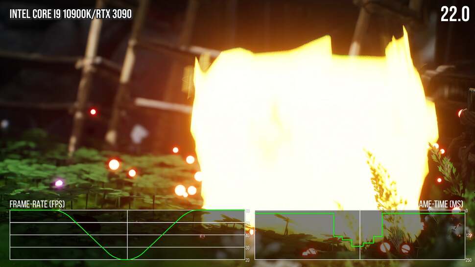 Shader compilation stutter in Kena: Bridge of Spirits. The explosion is a new effect not seen before, so new shader code is generated mid-gameplay, here causing a freeze of just under 200ms