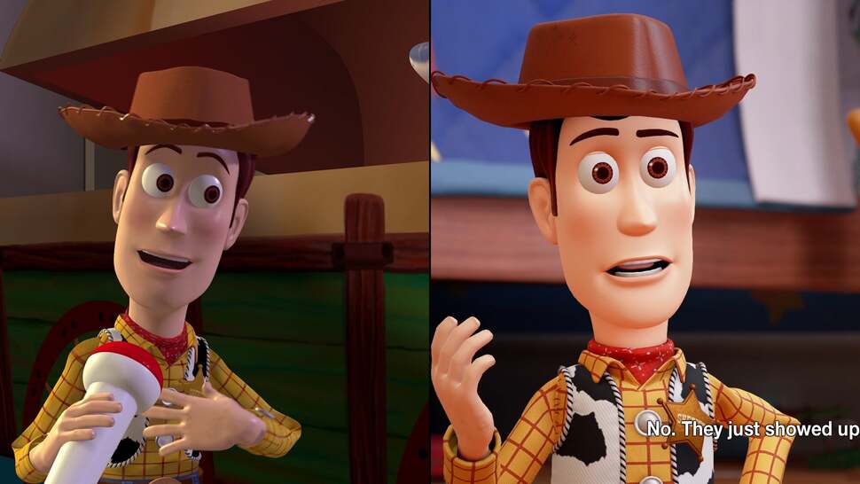 Kingdom Hearts 3 accurately recreates the iconic Woody - not just in terms of model detail, texturing and materials, but also in animation too. That's Square-Enix's work on the right, by the way.