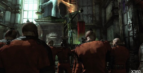 This scene appears to be rendered in real-time on PC but compression artifacting suggests that FMV is being used on 360 and PS3. Wii U is demonstrating clearly improved texture detail here and aliasing on the windows is significantly reduced.