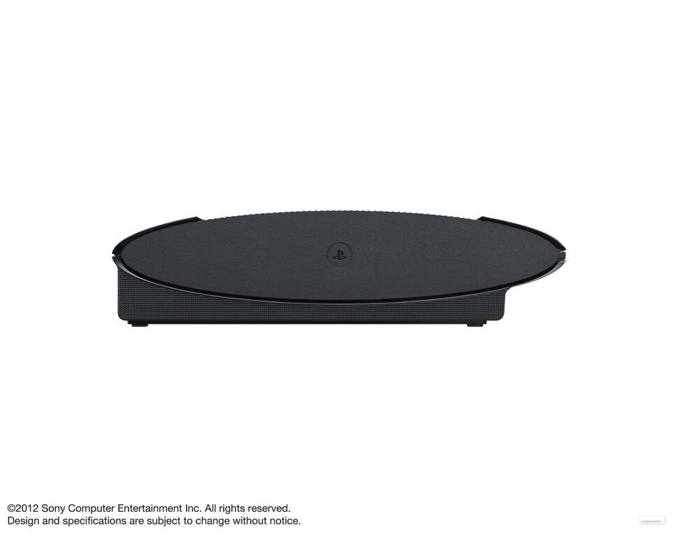 The bottom of the new PlayStation 3 unit. The little PlayStation logo is recessed into the base, and can be removed to reveal a screw hole, into which the base add-on can be attached