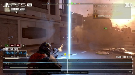 Quality mode for Helldivers 2 targets native 4K and this 30fps mode is more stable than its base PS5 counterpart. Inconsistent frame-pacing remains, however, which is a shame.