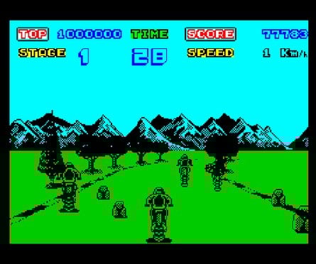 While the C64's custom hardware made it the best choice for most arcade-style games, the 'super-scaler' 3D sprite-based coin-ops like Enduro Racer (pictured), Space Harrier and Afterburner seemed to turn out better on the Spectrum. Those hardware sprites could only be expanded so much...