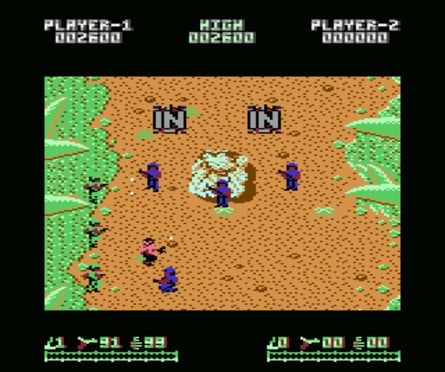 Developers began to push the C64 hardware by exploiting bugs in the VIC-II graphics chip. Sprites were relocated into the borders (as seen in Delta here on the left) while multiplexing the eight available hardware sprites increased the amount of action on-screen (Ikari Warriors, right).