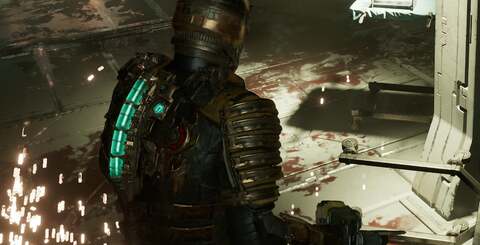 Various visual feature demonstrations: frustum-aligned voxel fog in zero-g, physically-based rendering for organic elements, physically-interactive spark particles, and beams of light interacting with glass surfaces.