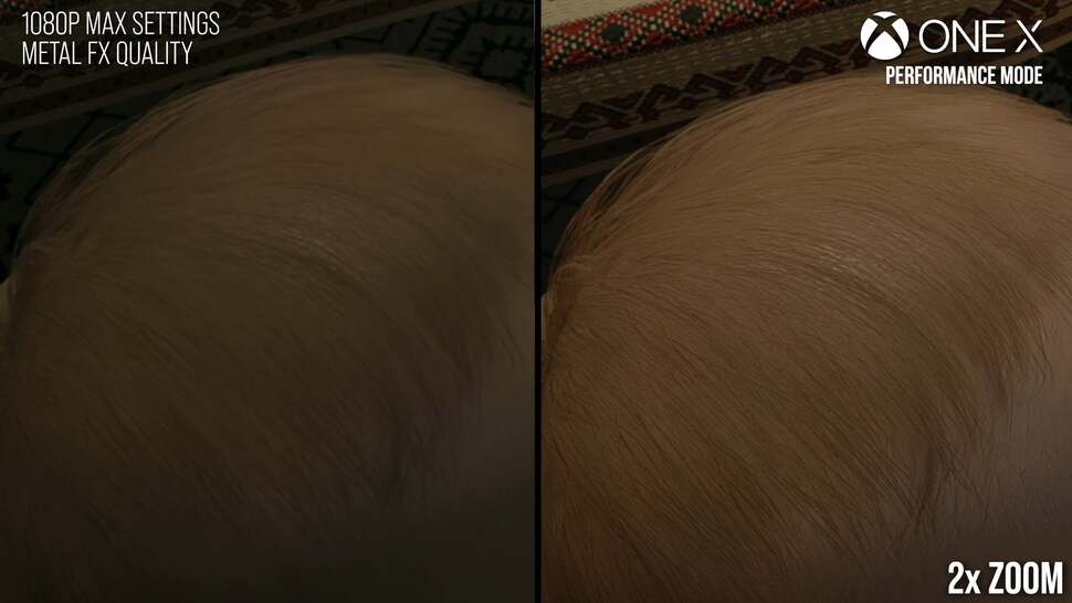 There are differences in gamma between Mac and consoles, but more pertinent here is that hair quality is compromised with MetalFX Quality upscaling