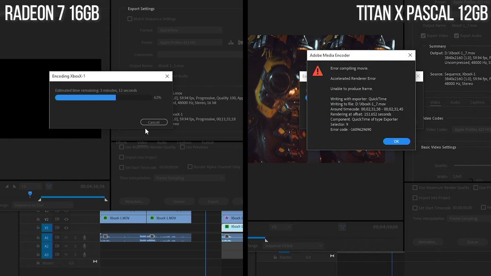 Use-case scenarios for 16GB of VRAM in gaming are somewhat thin on the ground, but maxing out 12GB on a Titan X Pascal is fairly easy with 4K editing on Adobe Premiere. Titan can't export this project, but Radeon 7 can