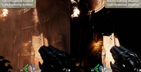 Doom: The Dark Ages uses an irradiance cache in probe volumes (top left) with the balance of the images showing how the RT effects look when enabled and disabled. As with all the shots on this page, click on the images for higher resolution versions.