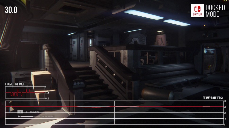 Alien Isolation mostly runs at a locked 30fps, with only minor, fleeting dips to performance, like this