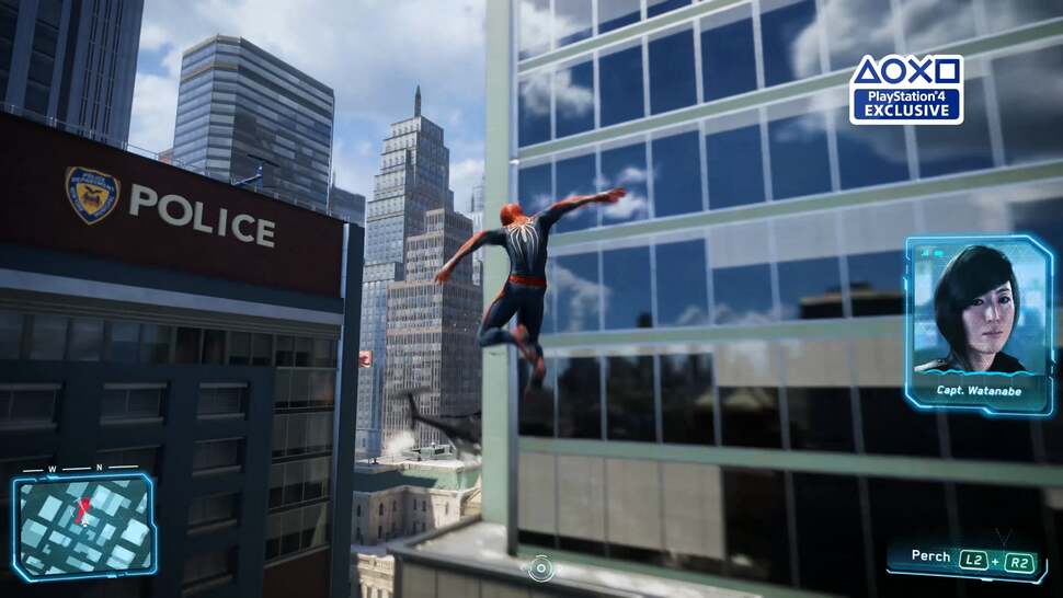 Static objects are reflected across window surfaces, while dynamic objects like Spider-Man and the helicopter are not