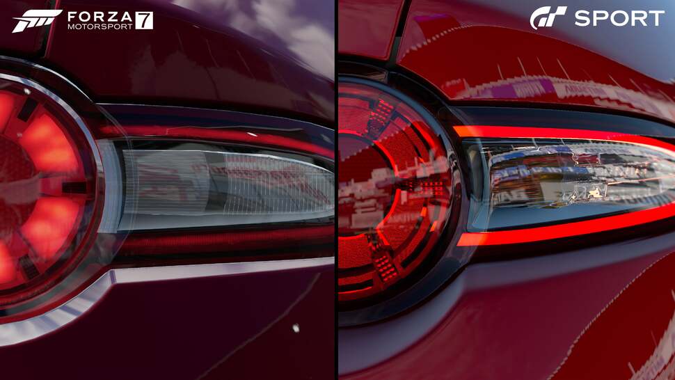 A close-up of this brake light highlights the different approach to materials rendering between the two games. This shot also highlights the lower resolution cubemap reflections used in GT Sport