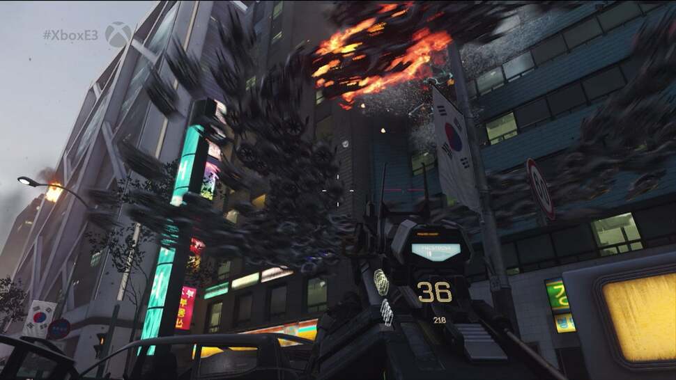 A swarm of locust-like drones appear halfway through the apocalyptic siege in South Korea, a terrifying effect, which in this instance drags frame-rate down to the 30s on the E3 build