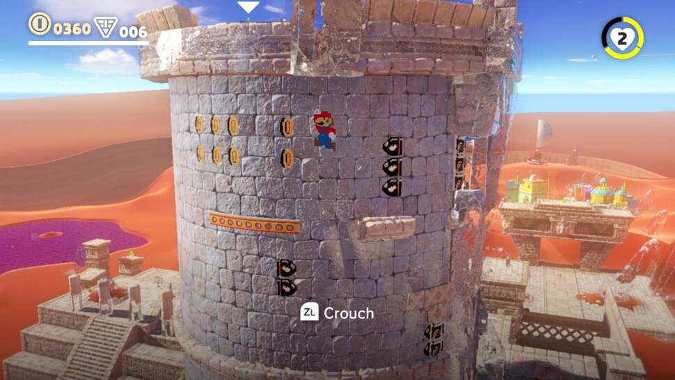 Certain sections of the desert stage see Mario transition to an 8-bit NES style of visuals mapped along 3D objects. The execution is brilliant and lends extra charm to the stage