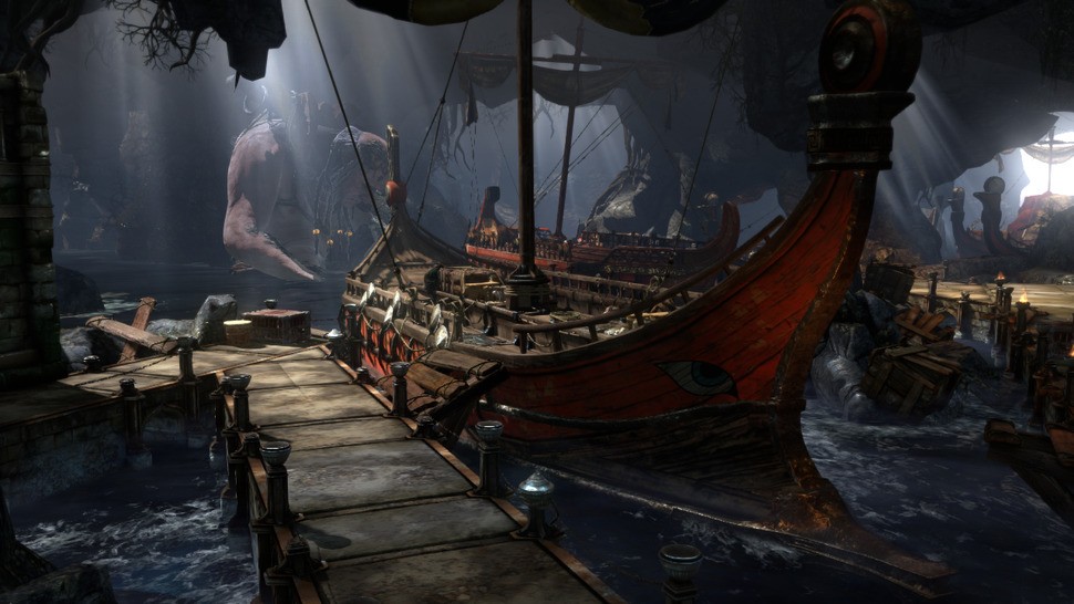 Ambient and directional lighting play a huge role. Applications are wide, from the subtle gradation cast by moon-light to the starker contrasts of light and shade that break across a giant serpent, as it shuttles Kratos around Delphi Temple