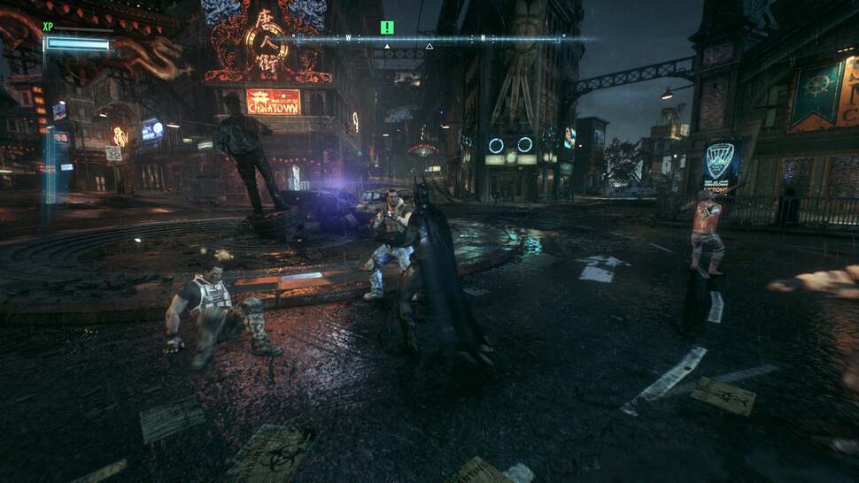 Lighting and reflections go hand-in-hand in Arkham Knight. Gotham's neon signs reflect across rain-drenched streets, giving the game a superb, dark, oil-slicked look
