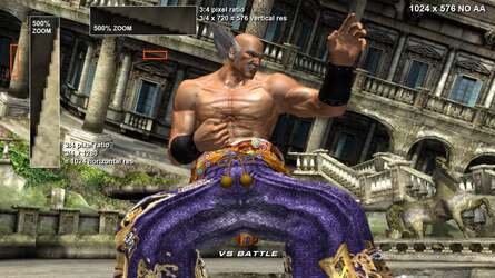 Pixel measurements for Tekken 6 on Xbox 360 with blur on, and blur off. Switch between the two shots, and note the difference in detail on Heihachi's pantaloons. Despite having almost twice as much resolution, 576p looks sharper.