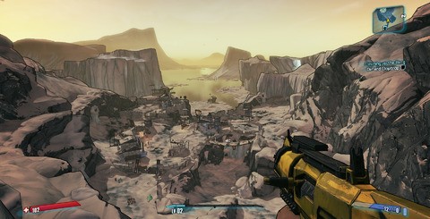 Borderlands 2 running at full, glorious 1080p on PC. As well as the impressive draw distances possible here, the game takes full advantage of physics-based tasks such as cloth and fluid simulation. We're also glad to report that higher quality textures and light shafts are included in full force.