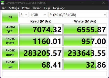 Synthetic benchmark results - CrystalDiskMark (left), Atto Benchmark (centre), AS SSD (right). Click to enlarge. 