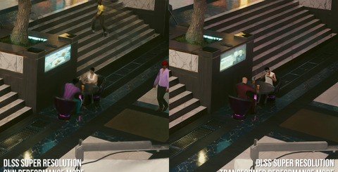 Click for higher resolution images. On top, you'll see how the vision transformer technology virtually eliminates the older DLSS ghosting we've often discussed. Bottom left, you'll see improved detail from the new tech, while bottom right shows the improvement to detail with DLSS ray reconstruction.