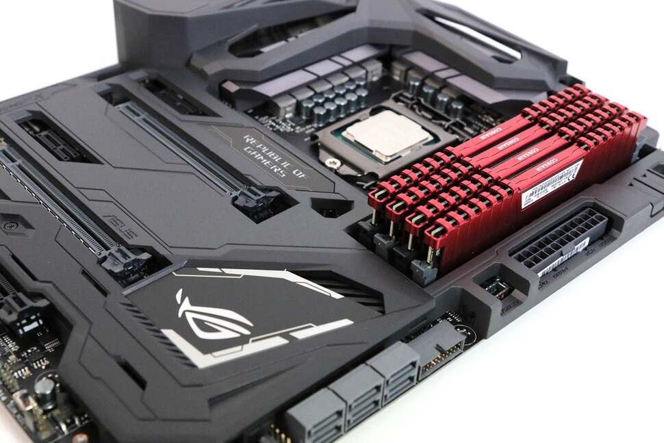 Six SATA-3 connections here. To the right of the board, next to the power input are plastic start and reset buttons