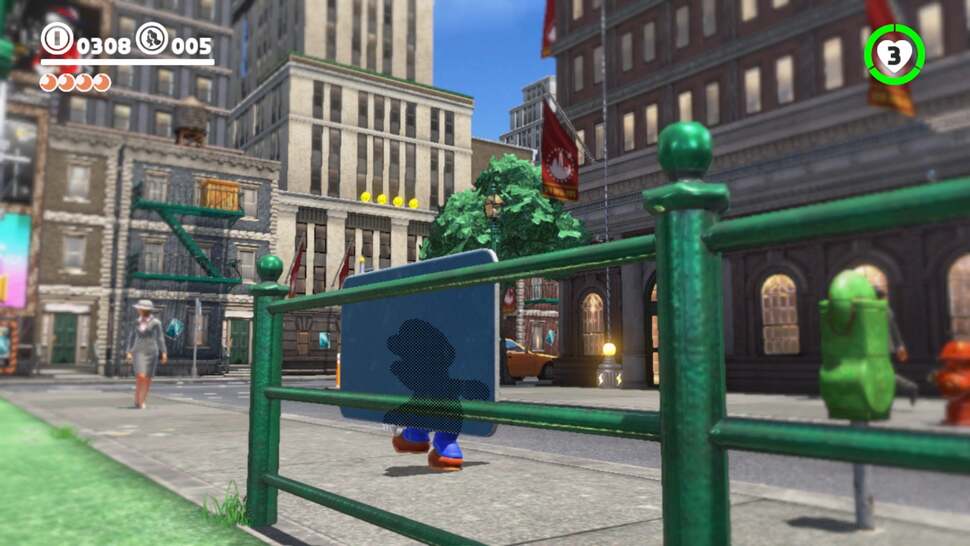 A checkerboard pattern is used to highlight Mario when passing in front of opaque objects while a dynamic depth of field is introduced along the borders of the image when the camera focuses on near field objects
