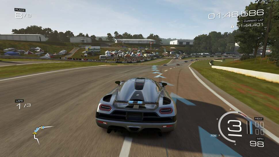 Circuits such as Road Atlanta are filled out with more buildings, plus decorative extras like balloons and helicopters. Some tracks see more attention to detail than others though - giving the impression of a rushed transition to next-gen