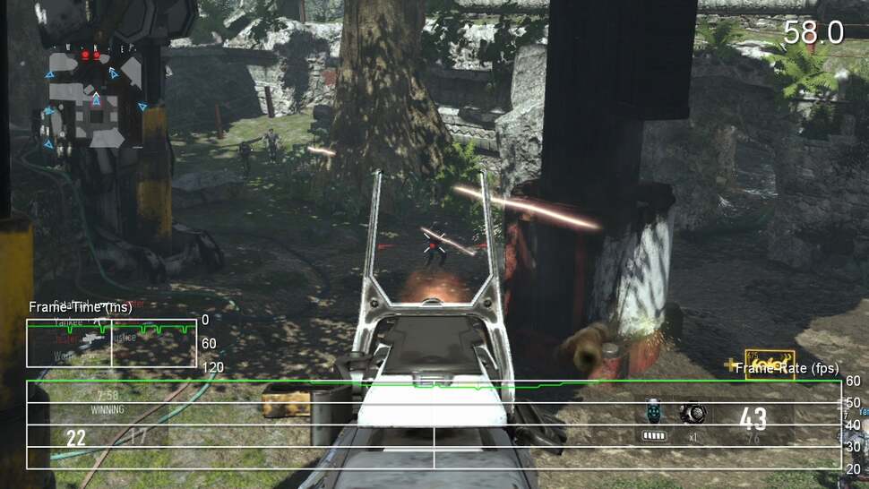 The Xbox 360 version holds up much better with multiplayer. Dips to the low 50s are the worst we see on occasion, but it holds 60fps most of the time