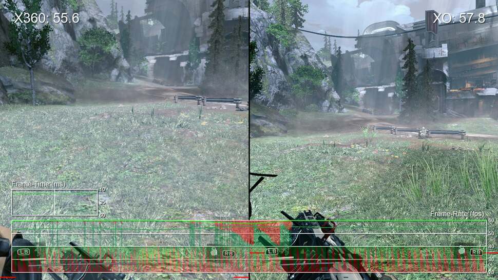 In basic scenes with little action, Xbox 360 still doesn't quite reach 60fps. As you can see, Xbox One can struggle to hit the target too, though the reasons why elude us in this instance