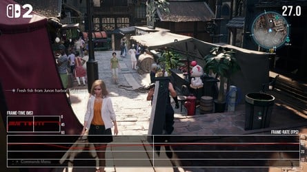 Performance on Switch 2 is largely good, but NPC-dense areas and the open world can occasionally cause small dips. Click to enlarge. 