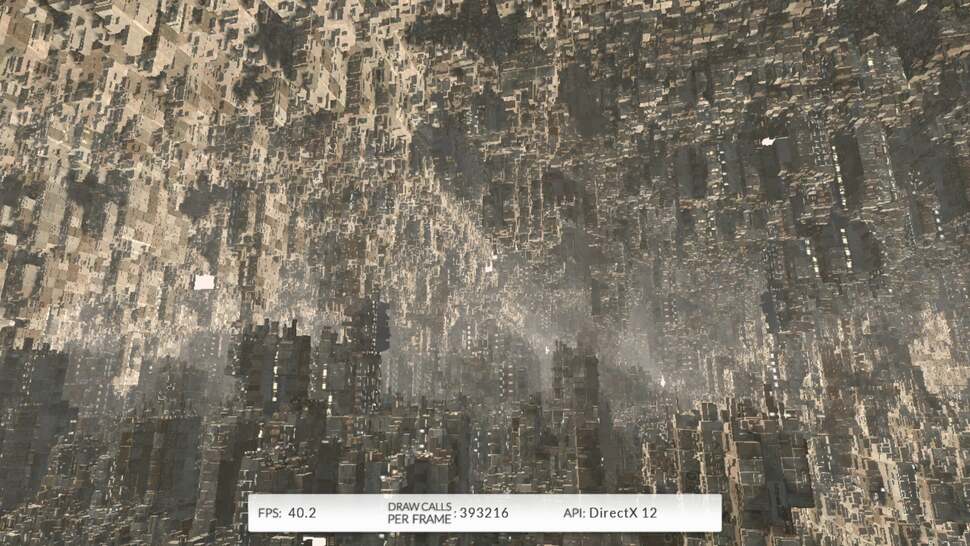 The 3DMark API bench works by flooding the GPU with draw calls until frame-rate drops to 30fps. Here we see a 290X with an i7 running DX12 - the screen is ram-packed with geometry, and it hasn't finished yet