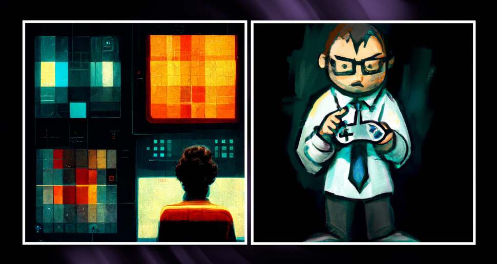 On the left, Midjourney offers up its AI interpretation of a pixel counter, while on the right, DALL-E 2 takes a shot at visualising a video game analyst