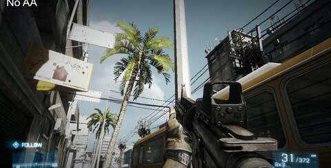 No anti-aliasing in the first shot and then we apply the various forms of AA the PC version of Battlefield 3 offers. The opportunity to utilise both post-process AA and 4x MSAA in the Ultra mode provides the best of both worlds.