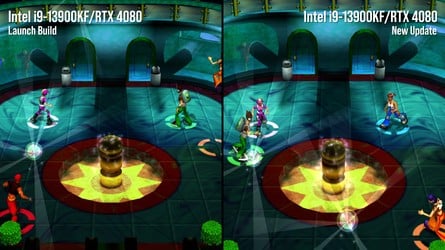 Launch and patched versions compared, with improved character lighting in Conker (left), removed shadow artefacts in Blinx (centre) and removed wireframes in Fuzion Frenzy. The latter two changes may not be visible on some screen sizes, given that they concern extremely fine lines. Click to enlarge. 