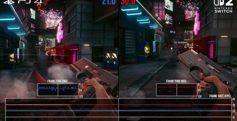 Here's how Switch 2 stacks up against PS4 in performance terms in a few challenging scenes. PS4 drops below 30fps, often significantly, while the Switch 2 remains resolute in the same tests.