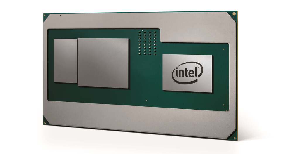 The new Intel i7 with Radeon graphics. There are three distinct packages here - from left to right, there's a single stack of HBM2 memory, the Radeon GPU and an Intel quad-core CPU.