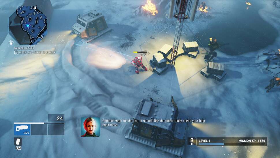 Volumetric lighting adds depth to the environment, particularly during snowy conditions, where particles in the air react to lights cast by various objects. For example, the soft glow around the torch and snowplough headlights