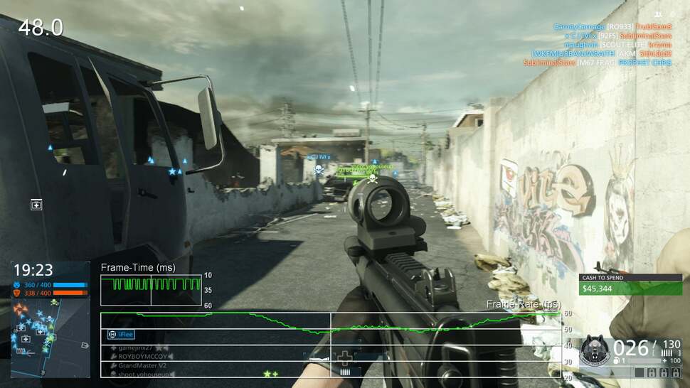 Battlefield Hardline's principal bottlenecks are transparency-based effects, physics and player count. All three combine in 'The Block' - a map that sees the most impactful performance drops in 64-player mode.