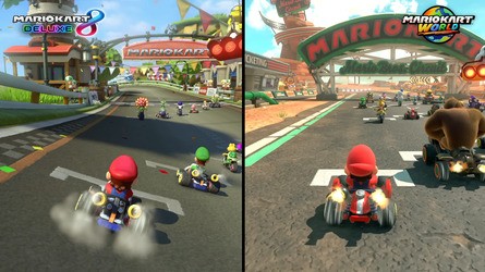 Mario Kart World has a more detailed, worn look for many of its environments. Comparing the Sky-High Sundae map in both games exaggerates the gulf in fidelity though, given the MK8 incarnation was designed for the mobile game Mario Kart Tour.
