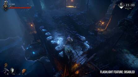 A 'flash light' system follows the player at all times, illuminating the area around the player for better readability of the scene.