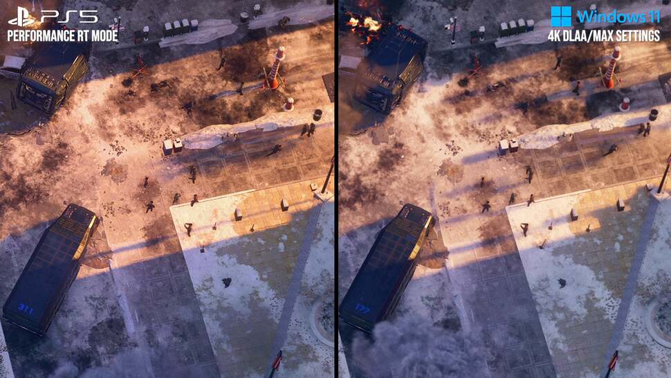 RT shadows work at distance too. Here, the PS5 version doesn't have shadows on the pedestrians and post boxes - but they are present on the maxed out PC version