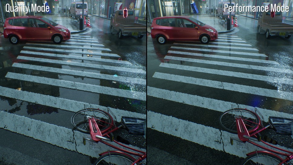 The key different between quality and performance modes beyond resolution is the inclusion of hardware-accelerated ray tracing