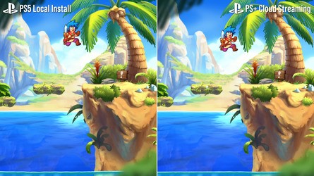 A range of fortunes - Wonder Boy's 2D gameplay and simple graphics (left) make for a much easier video stream than Cyberpunk 2077 during a gunfight/rainstorm, with the result that the former looks near-identical to running the game locally but the latter does not.