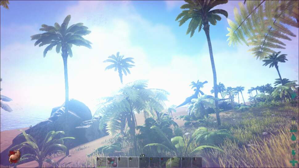 High dynamic range lighting and bloom are heavily deployed in Ark during certain conditions. In this shot, these effects help to enhance the intensity of the midday sun, although the level of bloom is rather overwhelming at times