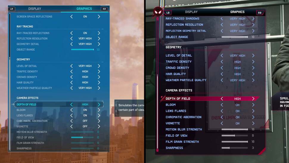 Settings between Marvel's Spider-Man Remastered (left) and Miles Morales (right) are basically the same - though the new game also receives an option for RT shadows. Optimised settings below are good for both games