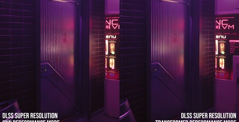 Click for higher resolution images. On top, you'll see how the vision transformer technology virtually eliminates the older DLSS ghosting we've often discussed. Bottom left, you'll see improved detail from the new tech, while bottom right shows the improvement to detail with DLSS ray reconstruction.