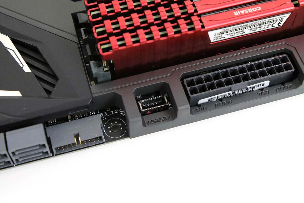 The Asus board comes with a USB 3.0 header (left) and a new 3.1 header (centre). Support for the 3.1 header with case manufacturers should happen in 2017