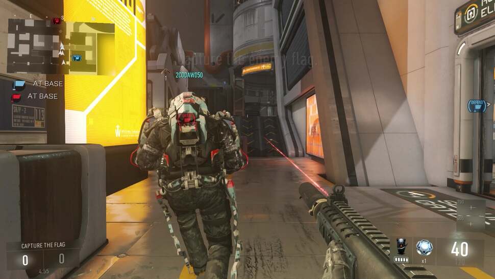 The E3 campaign showed Sledgehammer Games' affinity for placing HUD detail in-game, across the weaponry itself. Here we have the info presented across frosted glass panels, shifting according to player movement