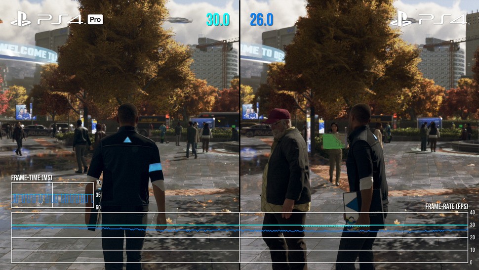 By and large, both PS4 and PS4 Pro deliver a fluid 30 frames per second. However, in stress points - like large, open city scenes - the Pro's small advantage becomes somewhat more pronounced